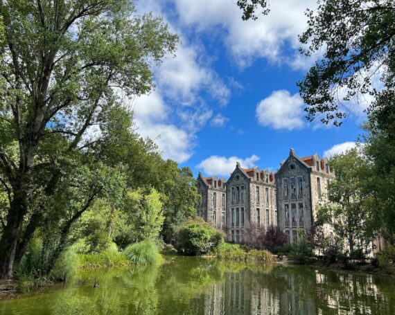 a large building sitting on top of a lush green forest